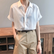 日系天丝亚麻白色衬衫女夏季薄款设计感小众，复古港味宽松短袖上衣