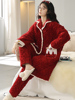 三层夹棉睡衣女冬季珊瑚绒中长款红色睡袍，加绒超厚保暖家居服套装