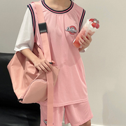 假两件粉红色百搭篮球服网孔夏季学生潮流比赛女运动球衣T恤套装