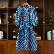外贸好品质2023蓝棕撞色条纹宽松系带收腰衬衫式连衣裙 F2319