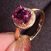 天然红碧玺戒指18k玫瑰，金彩色(金彩色)宝石，镶嵌南非足反钻石配钻女戒