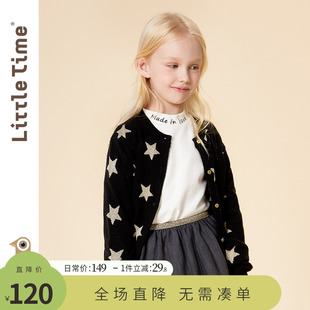 littletime女童针织开衫毛衣外套，黑色羊毛洋气，中大儿童春秋装上衣