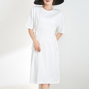 韩版白色圆领，收腰绑带短袖连衣裙