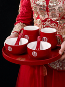 结婚敬茶杯红色喜碗筷一对新人，改口茶具托盘，陶瓷杯子婚庆陪嫁套装