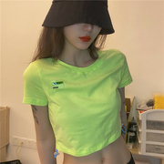gagaopt自制圆领荧光绿百搭t恤短袖女夏休闲个性侧抽褶bm上衣