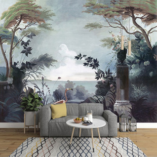 3D欧式手绘壁纸田园热带雨林背景墙纸家用美式壁布装饰卧室墙布壁