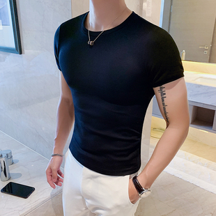 夏季个性时尚修身短袖男t恤韩版紧身圆领，打底衫白t血桖潮半袖