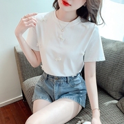 甜美白色短袖t恤女2023夏季韩风钉珠设计感小众纯棉上衣体恤