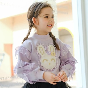童装女童加绒加厚卫衣2022秋冬韩版女孩，蕾丝卡通兔半高领上衣外套