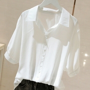 韩版夏季v领上衣雪纺2024衬衫，薄款大码女装短袖宽松衬衣法式