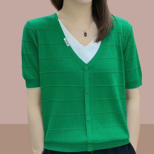 绿色v领冰丝针织短袖，t恤女夏季宽松假开衫，撞色高端大牌假两件上衣