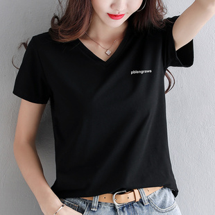 黑色v领t恤女时尚显瘦字母，印花上衣服，韩版大码女装短袖t桖半袖潮