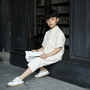 男童汉服中国风童装复古夏季薄款套装纯棉，短袖儿童中式唐装表演服