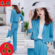 蓝色七分袖西装外套女夏薄款职业装气质女神范韩版时尚小个子西服