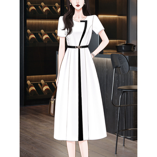设计高级感拼接连衣裙夏季2024女装高端职场，ol气质白色长裙