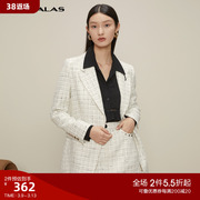 曼德诗白色西服女2023冬季斑驳领粗花呢复古小香风西装外套