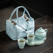 汝窑旅行茶具套装高端一壶二杯便携式包户外天青茶壶茶杯开片可养