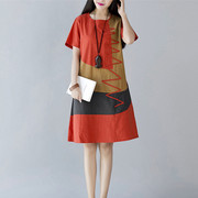 2023夏季韩版民族，风女装大码宽松短袖拼接中长款棉麻连衣裙