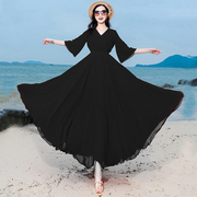 黑色沙滩裙2024长，雪纺连衣裙显瘦遮肉波西米亚，长裙夏季到脚踝