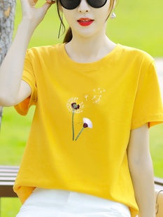 以纯棉A21纯棉黄色短袖t恤女士体恤2023年夏装宽松夏季女装上