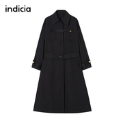 indicia 黑色风衣外套腰带长款春秋季商场同款时尚标记女装