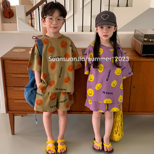 韩系童装儿童休闲舒适笑脸，印花兄妹装夏季男女童t恤短裤套装
