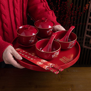 吾家婚品婚礼用品敬茶杯，装饰陶瓷盖碗，结婚改口红色喜庆敬茶杯套装