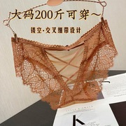 性感交叉绑细带镂空大码200斤蕾丝女三角裤，透明提臀欧美诱惑内裤
