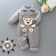 婴儿秋冬季衣服背带裤两件套0-2岁男宝宝，加棉保暖衣服套装灯芯绒