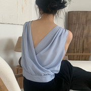 韩国chic夏季法式优雅露背V字形交叉褶皱设计感宽松无袖背心衬衫