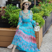 拜占庭的森林桑蚕丝连衣裙高端气质优雅复古蓝色碎花海边沙滩长裙