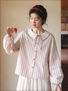 拼接系带长袖娃娃领条纹，衬衫女2024气质，上衣树莓红条纹衬衫