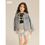Amybaby女童牛仔外套2024春秋款韩版洋气时髦百搭潮酷上衣