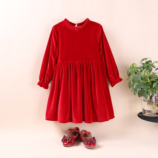 秋冬装母女装连衣裙红色，长袖金丝绒女童公主裙，纯色时尚亲子装