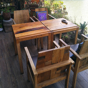 咖漫啡桌椅老榆木餐桌复古做旧全实木家具奶茶店餐厅方桌休闲木桌