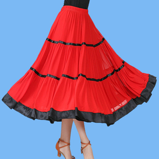 拉丁舞半身高腰大摆长裙，摩登国标交谊广场舞服装，中老年跳舞裙红色