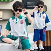 男童夏装中国polo衫，套装2024儿童短袖，休闲运动套中小童童装