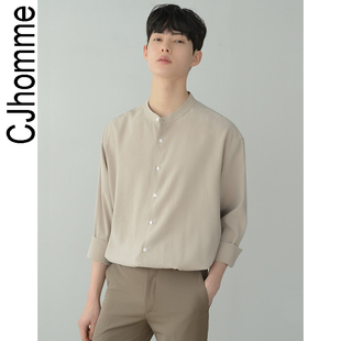 cjhomme韩版立领2022春夏，男士棉麻衬衫，流行帅气简约时尚衬衣