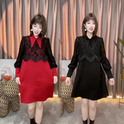 网红同款时尚连衣裙女2022冬季韩版显瘦长袖翻领拼接蕾丝裙子