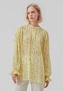 丹麦小众设计师早春款鹅黄色，百褶皱雪纺印花宽松长袖上衣衬衫