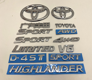 适用汉兰达车标SPORT英文字母标叶子板广汽丰田贴标V6标志4WD后标