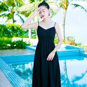 夏季无袖吊带露背v领雪纺连衣裙，长裙子普吉岛沙滩裙泰国海边度假
