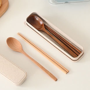 白屿 原木风餐具盒筷子勺子套装木质便携筷子收纳盒日式便携餐具
