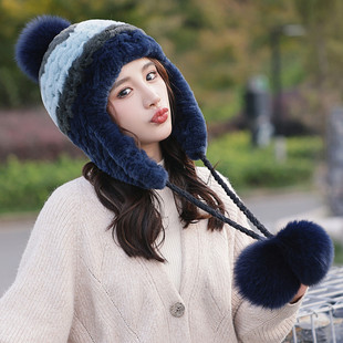 冬季獭兔毛拼色护耳帽 狐狸毛球可爱蓝色皮草帽子加厚保暖女