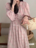 韩国chic春季法式优雅v领褶皱系带，收腰显瘦碎花连衣裙长裙女
