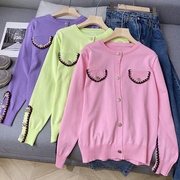 韩版紫色宽松圆领，针织衫长袖单排扣上衣d￥时尚，休闲洋气
