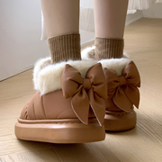 蝴蝶结防水棉拖鞋女冬季高帮居家保暖厚底可外穿防滑雪地棉鞋