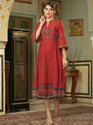 印度进口连衣裙乔其纱双层印花裙，印巴风情民族风长裙复古红色