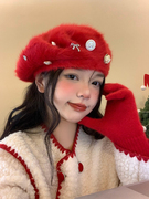 兔毛贝雷帽女冬季红色圣诞，新年蓓蕾画家帽韩版显脸小保暖毛绒帽子