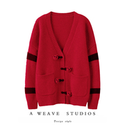 上身太显气质!大红色羊绒衫，女秋冬季小熊纯羊绒，针织开衫毛衣外套